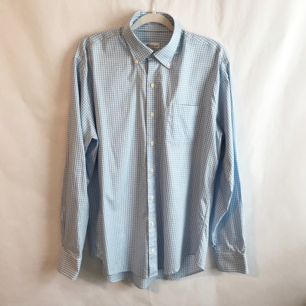 Peter Millar Gingham Button Down Shirt L Cotton Silk Long Sleeve Performance